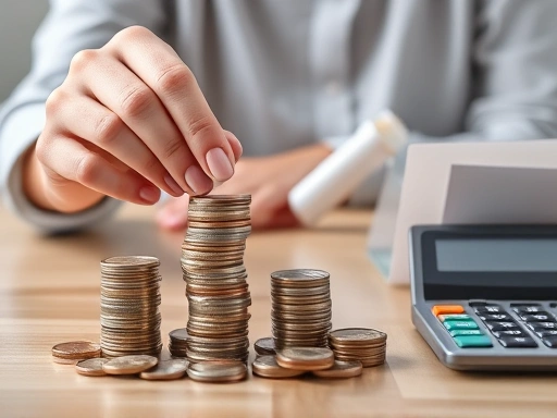 {여성의 손이 테이블 위에 놓인 동전 더미를 정리하고, 작은 집 모양 저금통과 금융 계산기를 보여주는 상세 샷으로, 신중한 재정 계획 및 투자 개념을 강조하는 두 번째 이미지