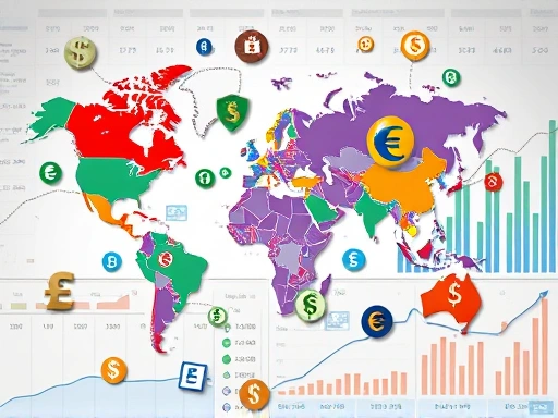 투자 그래프와 세계 지도 배경에 국내외 통화 심볼이 어우러져 있는 시각적으로 복잡하면서도 명확한 합성 이미지