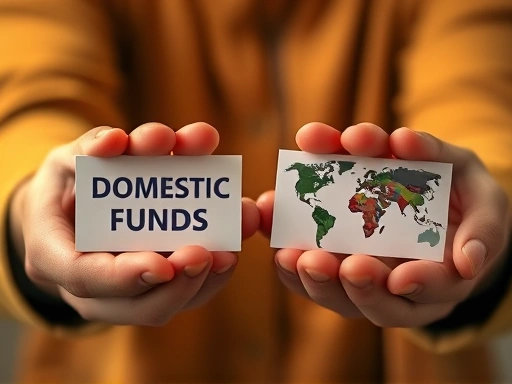 두 손이 국내 및 해외 펀드를 상징하는 작은 표지판을 들고 비교하는 클로즈업 사진.