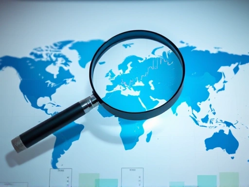 세계 지도 위에 겹쳐진 주식 차트와 돋보기, 분석적 분위기