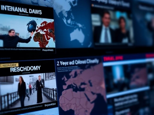 국제 뉴스 헤드라인을 보여주는 클로즈업 화면, 세계 경제의 상호 연결성을 강조하는 미묘한 글로벌 조명, 불확실성의 감정을 전달하는 심각한 분위기