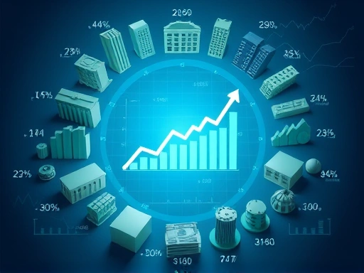 다양한 금융 자산(주식 차트, 채권, 부동산 건물 모형, 통화 기호, 원자재 아이콘)들이 추상적인 금융 그래프와 함께 원형으로 배치되어 있고, 중앙에서 상승 및 하락하는 금리 그래프가 빛을 발하며 각 자산에 영향을 미치는 모습