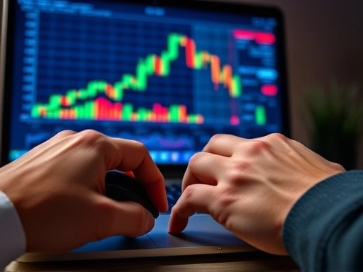 두 손이 노트북 앞에서 주식 차트를 분석하는 클로즈업 장면