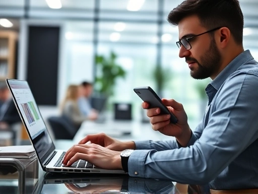 직장인이 노트북으로 업무를 보면서 다른 손으로는 스마트폰으로 부업 관련 정보를 검색하는 장면