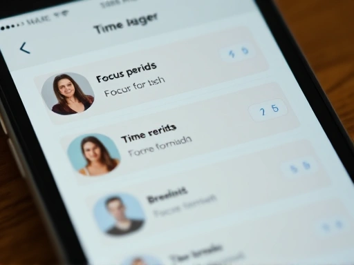 시간 관리 앱의 화면을 클로즈업하여 보여주는 장면