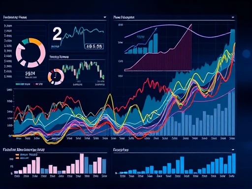부동산 시장의 복잡한 흐름을 시각적으로 표현하는 그래프와 데이터 차트가 깔끔하게 배열된 배경 이미지