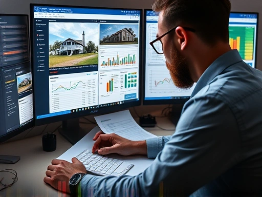 한 투자자가 컴퓨터 화면 앞에 앉아 여러 개의 부동산 관련 웹사이트와 스프레드시트를 동시에 분석하는 모습