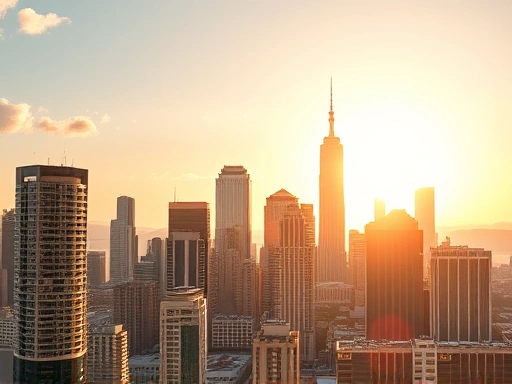 고층 건물들이 즐비한 도시 풍경 사진으로, 역동적인 분위기