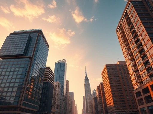 고층 건물이 하늘을 향해 솟아오르는 도시 풍경, 따뜻한 색감으로 미래에 대한 희망을 표현하는 광각 샷