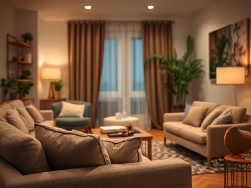 아늑한 거실 인테리어, 부드러운 조명과 편안한 가구로 안정감과 행복을 강조하는 클로즈업 샷