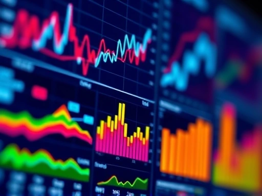 다양한 색상의 그래프와 차트가 표시된 화면을 클로즈업하여 보여줍니다.