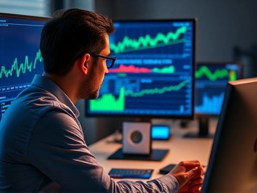 다양한 경제 지표 그래프와 차트가 펼쳐진 컴퓨터 화면 앞에서 신중하게 분석하는 투자자의 모습