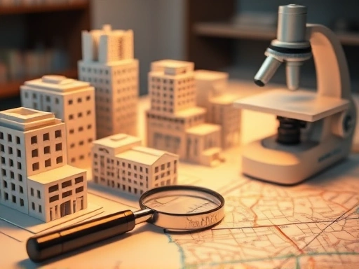 지도 위에 놓인 여러 건물 모형과 현미경, 돋보기가 함께 있는 클로즈업 샷.