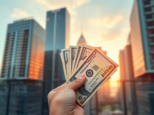 다양한 건물이 솟아오른 도시 풍경을 배경으로, 손에 든 돈다발 이미지