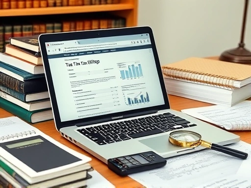 여러 법률 서적과 세금 관련 문서가 쌓여 있는 책상 위에 펼쳐진 노트북 화면에서 '세금 신고' 관련 웹페이지가 보인다.