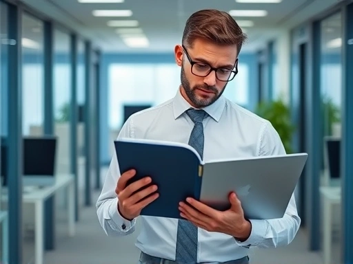 손에 법전과 노트북을 들고 진지하게 부업 관련 서류를 검토하는 직장인의 모습