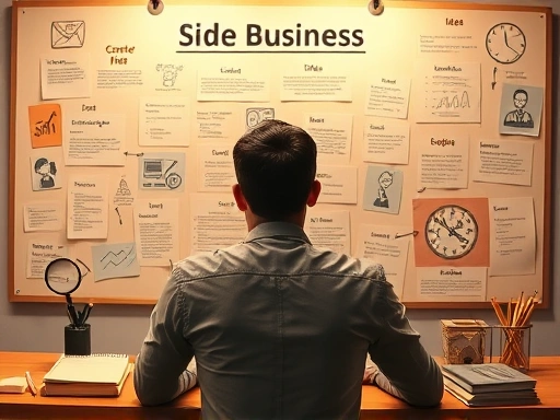 다양한 부업 아이디어가 적힌 아이디어보드 앞에 앉아 깊이 생각하는 한 사람이 보인다.