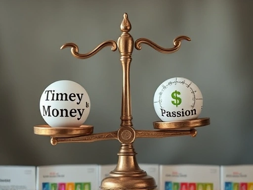 여러 개의 저울 위에 '시간', '돈', '수익성', '열정' 등 부업 선택의 주요 요소들이 균형을 이루고 있는 클로즈업 이미지