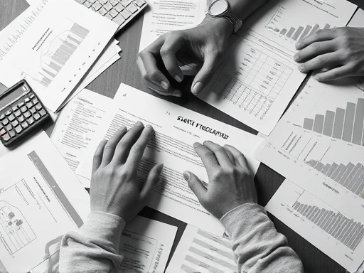 {각종 서류, 계산기, 그래프가 놓인 테이블 위에서 손이 서류를 정리하는 클로즈업 샷을 통해 부업 시작 전 재정적 측면을 꼼꼼히 분석해야 함을 강조합니다.