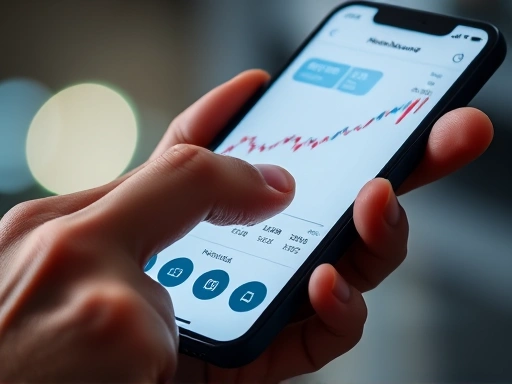 스마트폰 화면에 가계부 앱이나 주식 차트가 보이는 클로즈업 이미지