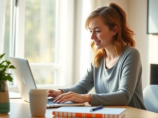 한 여성이 노트북을 보며 업무에 집중하고 있고, 옆에는 커피잔과 메모장이 놓여 있다.
