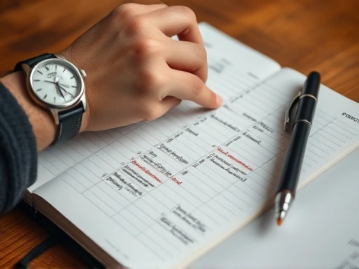 손목시계를 찬 손이 다이어리에 일정을 기록하고 있으며, 펜과 함께 중요한 메모들이 강조되어 있다.