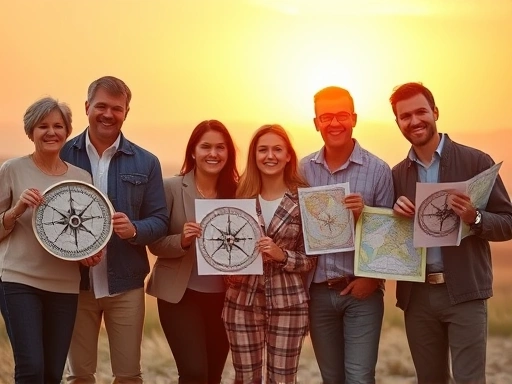 다양한 연령대의 사람들이 각자의 라이프스타일에 맞는 투자 계획을 상징하는 나침반과 지도를 들고 서 있는 모습