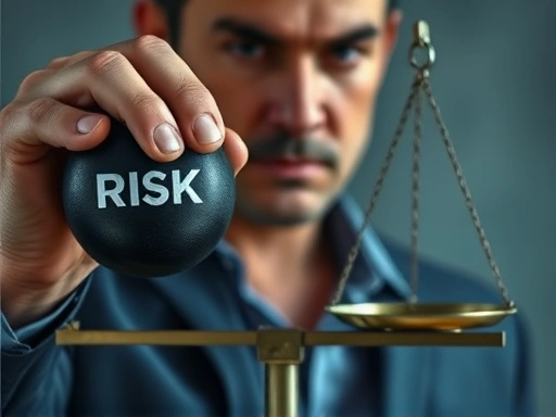 한 손에는 '위험(Risk)'이라는 라벨이 붙은 무거운 추를, 다른 한 손에는 '관리(Management)'라는 라벨이 붙은 저울을 들고 균형을 맞추는 사람의 클로즈업.