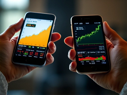 두 개의 손이 각각 인덱스 펀드(안정적인 코스피 200 지수 차트)와 액티브 펀드(변동성 있는 개별 주식 차트)를 나타내는 스마트폰 화면을 들고 비교하는 클로즈업 이미지