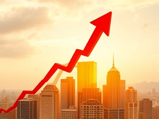 황금빛으로 물든 도시 위로 붉은 화살표가 솟아오르는 역동적인 이미지