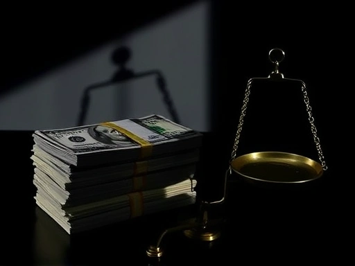 현금 다발 위로 드리워진 그림자와 저울의 불안정한 균형을 클로즈업한 이미지