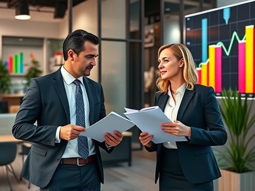 다양한 색상으로 강조된 그래프가 있는 화려한 스타일의 세련된 사무실에서 투자 전략을 논의하는 두 전문가의 모습