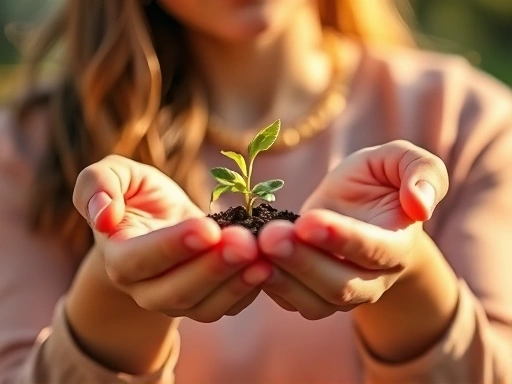 두 손에 씨앗을 든 채 햇살을 받으며 싹이 트기를 기다리는 모습