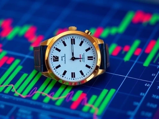 손목 시계가 주식 차트 위에 놓여 있고, 시계 바늘이 매수와 매도 시점을 가리키는 모습
