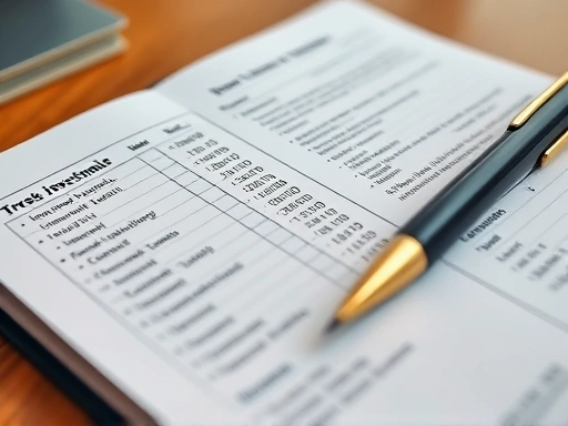 {테이블 위에 놓인 투자 일지 다이어리와 펜을 클로즈업하여 보여줍니다.