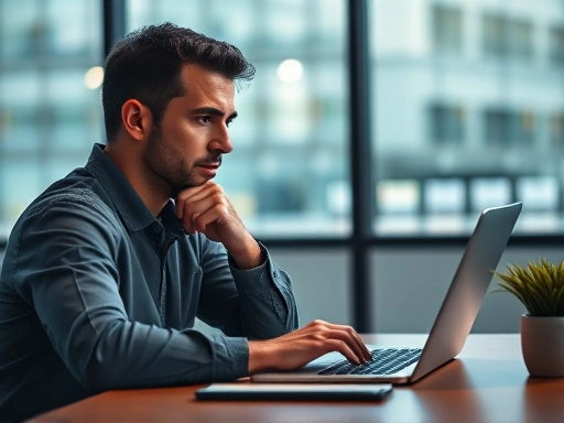 {한 남자가 테이블에 앉아 노트북을 보고, 그래프와 차트가 화면에 표시됩니다.