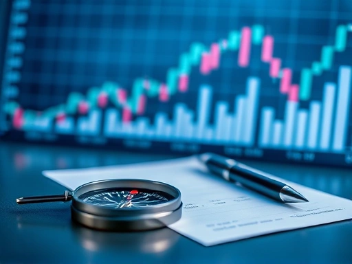 주식 시장 차트를 배경으로 하여, 목표를 향해 나아가는 나침반과 펜, 종이가 놓여 있는 모습