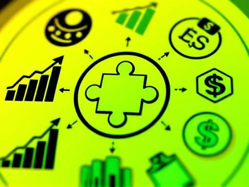 다양한 금융 아이콘(성장 그래프, 배당금 아이콘, 주식 차트, 달러 기호 등)이 원형으로 배치되어 있고, 중앙에는 퍼즐 조각이 맞춰지는 듯한 '전략'을 상징하는 아이콘이 있는 클로즈업.