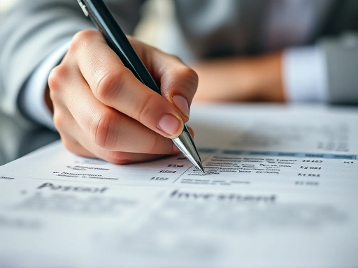 손으로 펜을 잡고 투자 일지를 작성하는 클로즈업 이미지