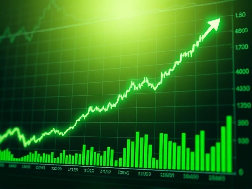 주식 시장 차트 분석: 상승 추세와 거래량 증가를 보여주는 그래프, 밝고 희망적인 분위기