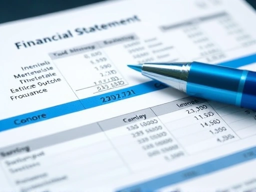 재무제표 분석: 손익계산서와 대차대조표를 보여주는 클로즈업, 차분하고 분석적인 분위기