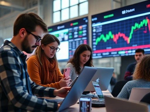 다양한 연령과 배경을 가진 사람들이 노트북과 스마트폰을 사용하여 주식 차트를 진지하게 공부하고 있는 모습