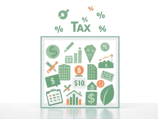 다양한 종류의 금융 상품 아이콘(주식, 채권, 펀드, 부동산 등)이 투명한 유리 상자 안에 정렬되어 있고, 그 위에 세금 관련 기호(달러 기호와 퍼센트 기호)가 떠다니는 모습