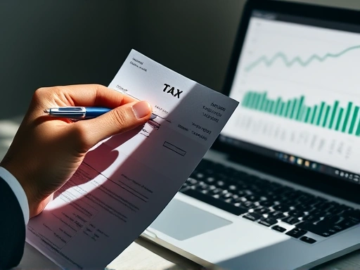 손으로 세금 계산서와 펜을 들고 있는 모습