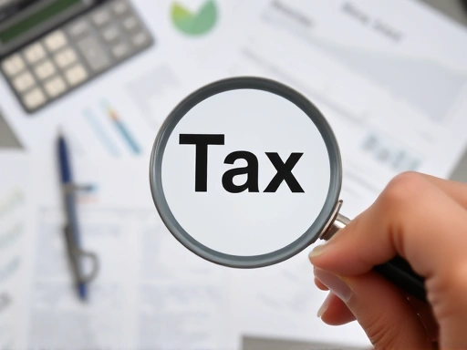 돋보기로 '세금'이라는 단어를 확대해 보는 손의 클로즈업.