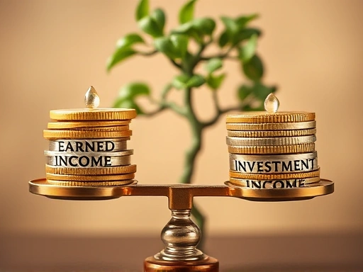 두 개의 저울 접시에 각각 '근로소득'과 '투자 소득'이라고 적힌 동전들이 균형을 이루고 있는 모습
