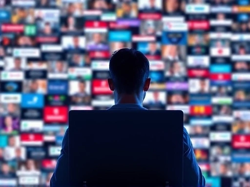 압도적인 정보의 바다 속에서 한 개인이 노트북 앞에 앉아 수많은 뉴스 헤드라인을 응시하는 모습