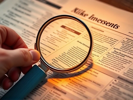 돋보기를 들고 신문 기사의 특정 섹션을 클로즈업하여 면밀히 분석하는 손의 모습