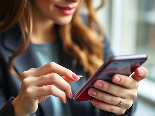 한 여성이 스마트폰 앱을 사용하여 투자 포트폴리오를 분석하는 장면