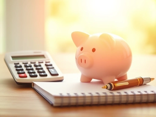 밝은 햇살 아래 놓인 저금통과 계산기, 펜과 노트를 클로즈업 촬영하여 재정적 계획과 목표 설정을 상징적으로 보여주는 이미지